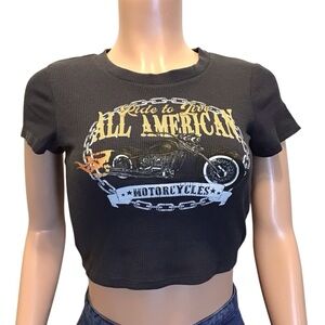 NWOT Homegirl Society Crop Top XS Black All American Motorcycle Graphic Tee Y2K